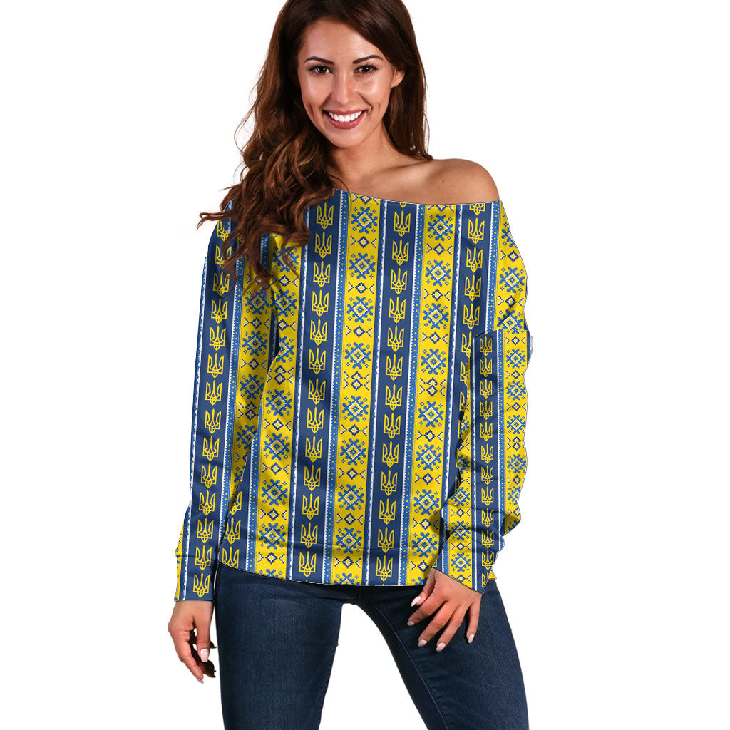 Ukraine Christmas Off Shoulder Sweater Ukrainian Trident Pattern