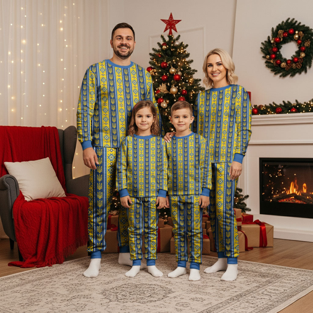 Ukraine Christmas Pajama Set Ukrainian Trident Pattern