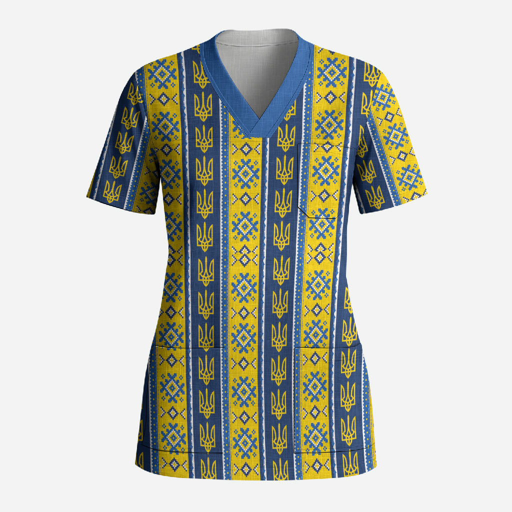 Ukraine Christmas Scrub Top Ukrainian Trident Pattern