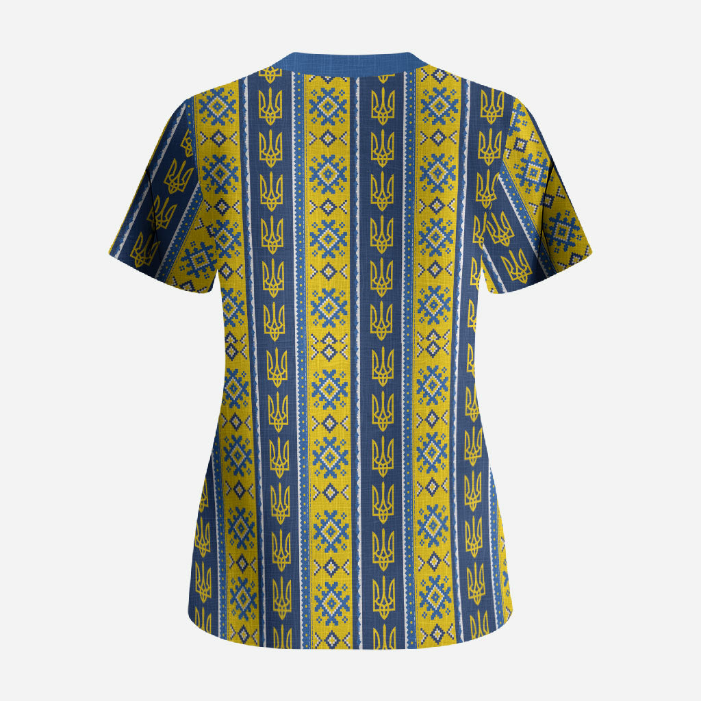 Ukraine Christmas Scrub Top Ukrainian Trident Pattern