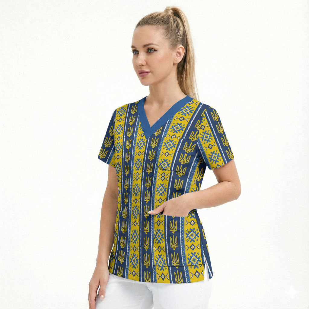 Ukraine Christmas Scrub Top Ukrainian Trident Pattern