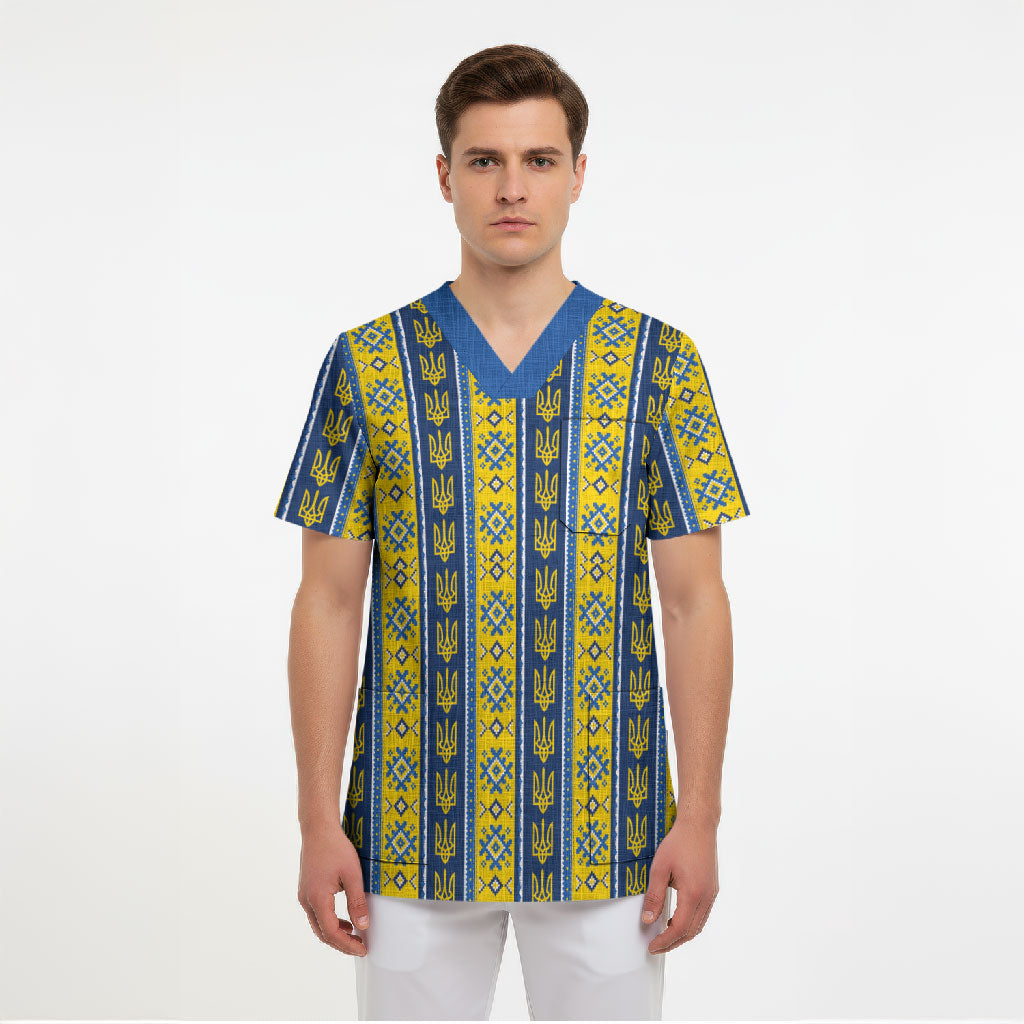 Ukraine Christmas Scrub Top Ukrainian Trident Pattern