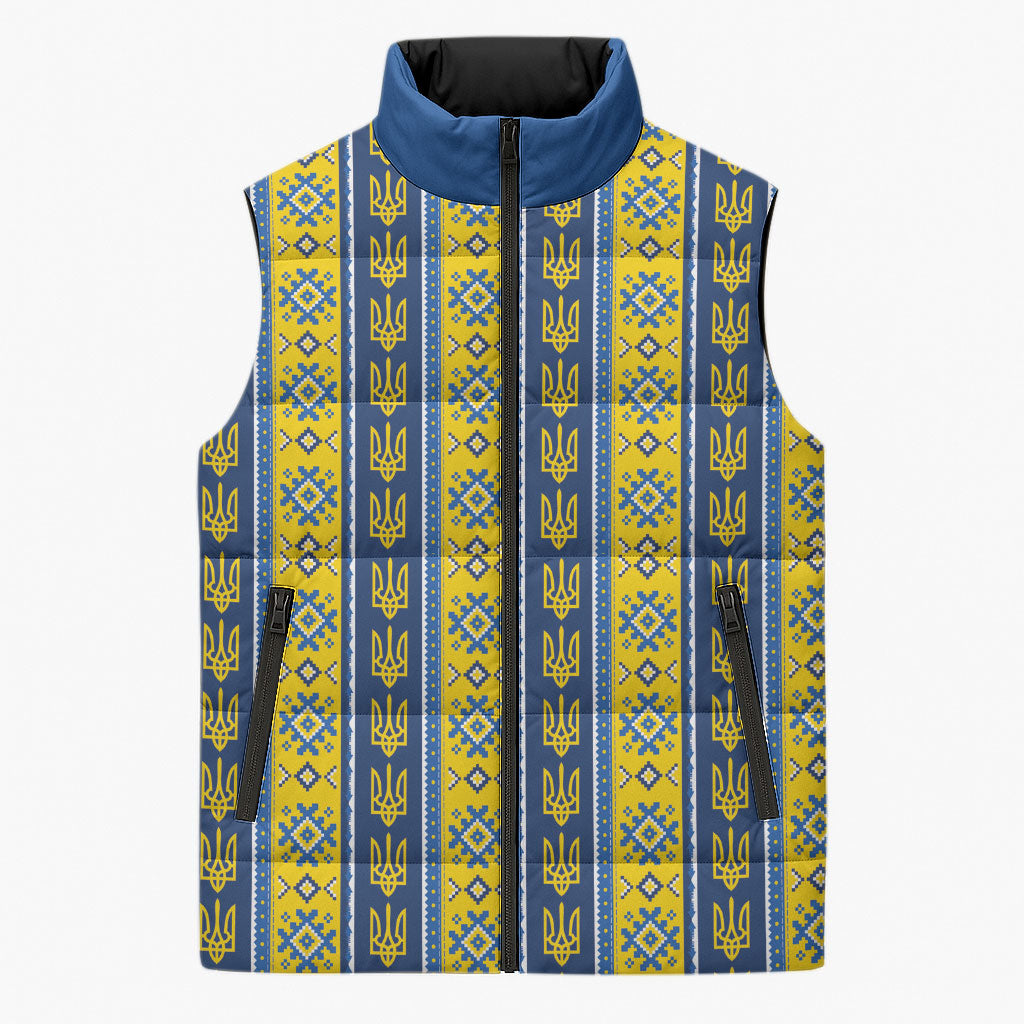Ukraine Christmas Sleeveless Puffer Jacket Ukrainian Trident Pattern