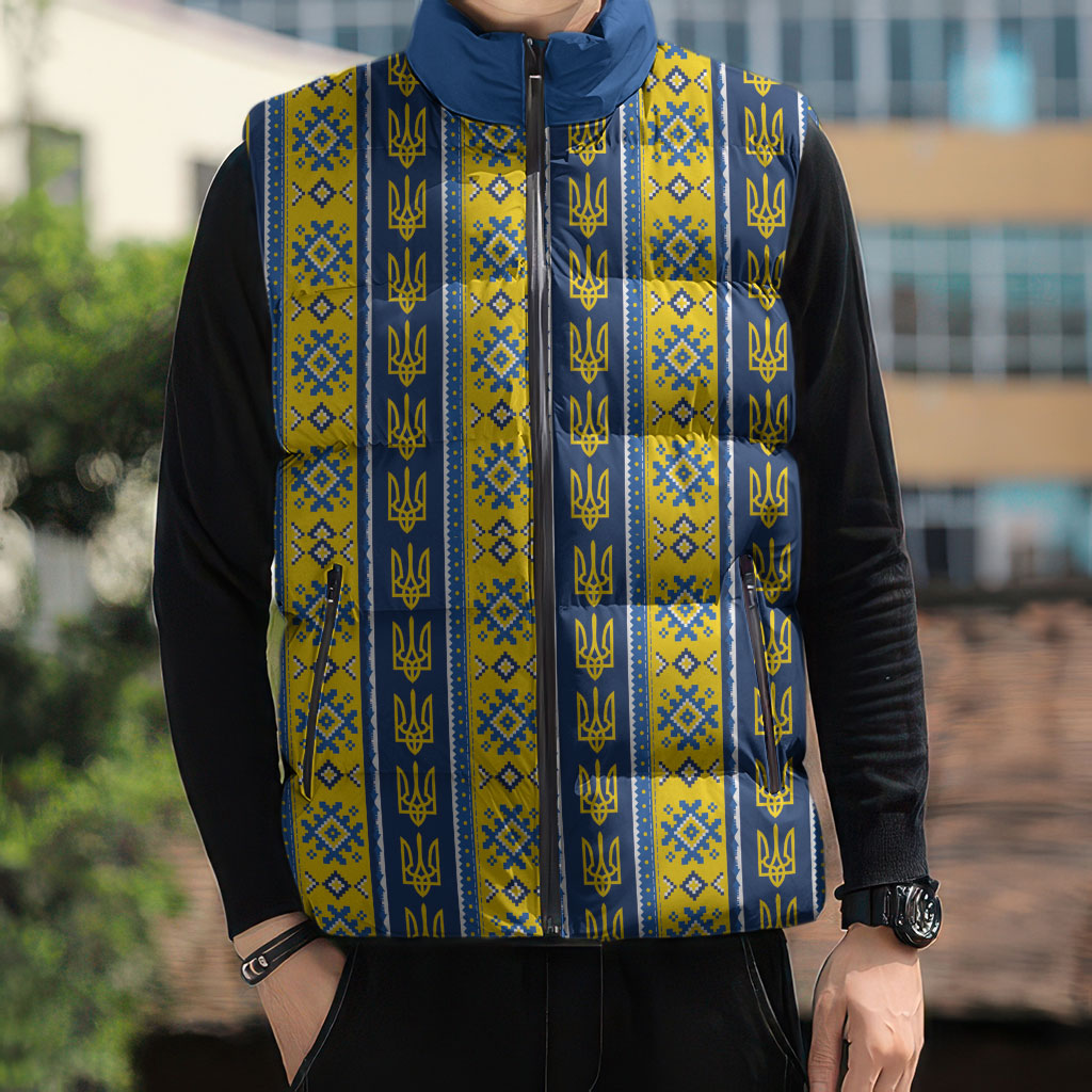 Ukraine Christmas Sleeveless Puffer Jacket Ukrainian Trident Pattern