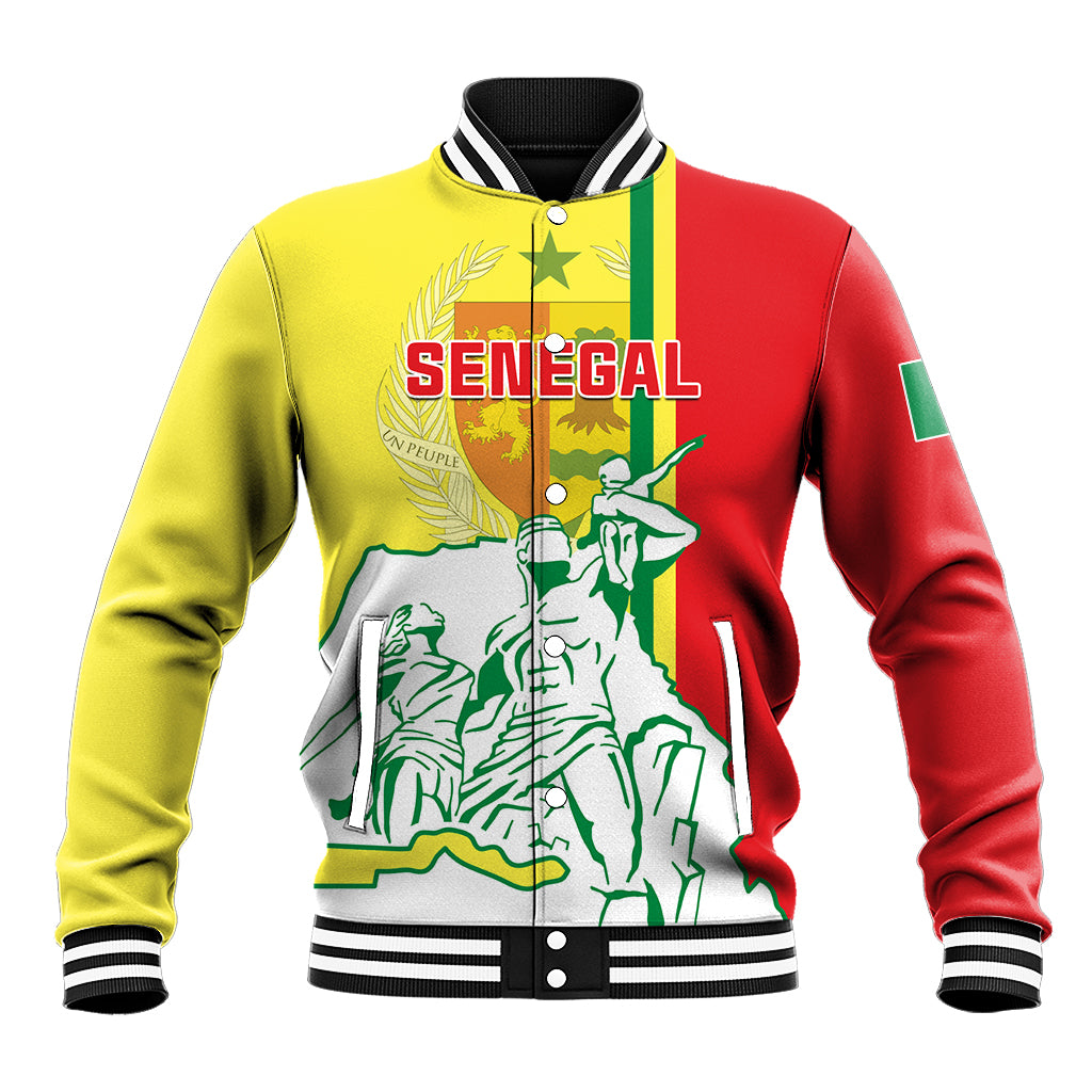 Unisex baseball jacket with yellow and red sides, striped collar, front Senegal graphic