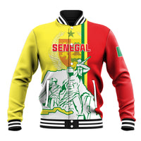 Unisex baseball jacket with yellow and red sides, striped collar, front Senegal graphic