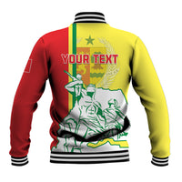 Unisex baseball jacket with red and yellow back, striped collar, your text graphic