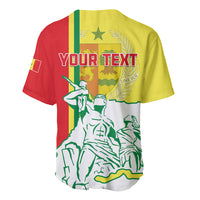 Yellow and red baseball jersey with green statue graphic and 'YOUR TEXT' on back