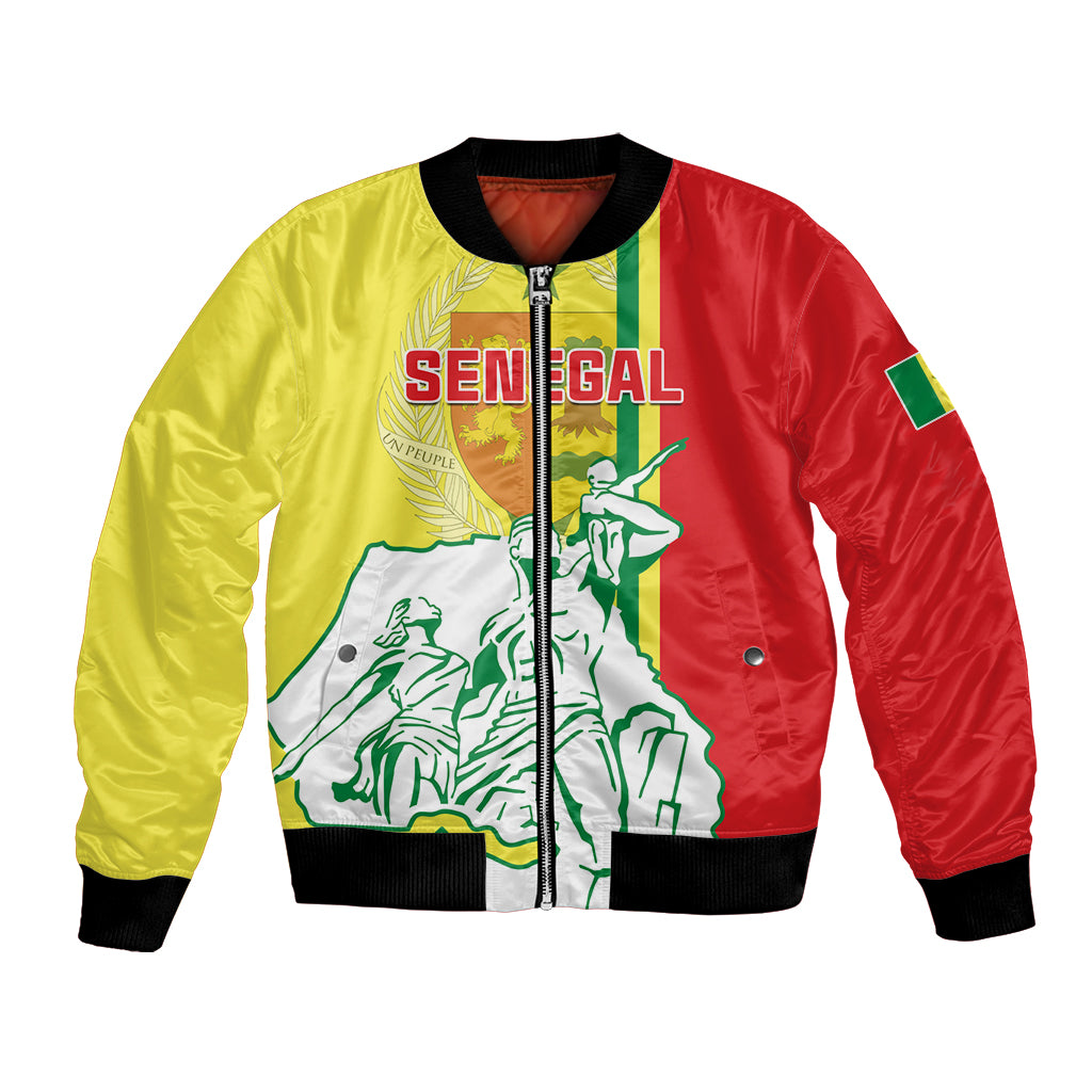Unisex bomber jacket in red and yellow with green graphic, front zipper, ribbed black trim
