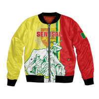 Unisex bomber jacket in red and yellow with green graphic, front zipper, ribbed black trim