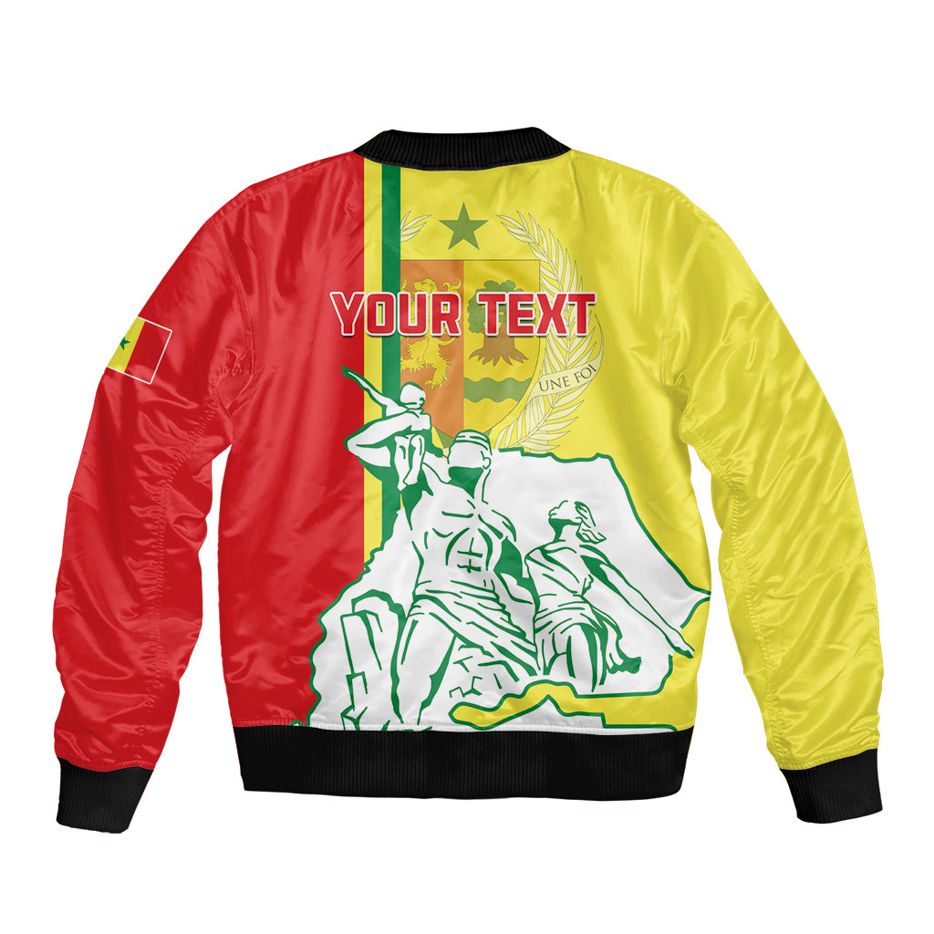 Unisex bomber jacket back with red/yellow panels, green flag map graphic, ribbed trim, YOUR TEXT