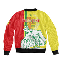 Unisex bomber jacket back with red/yellow panels, green flag map graphic, ribbed trim, YOUR TEXT