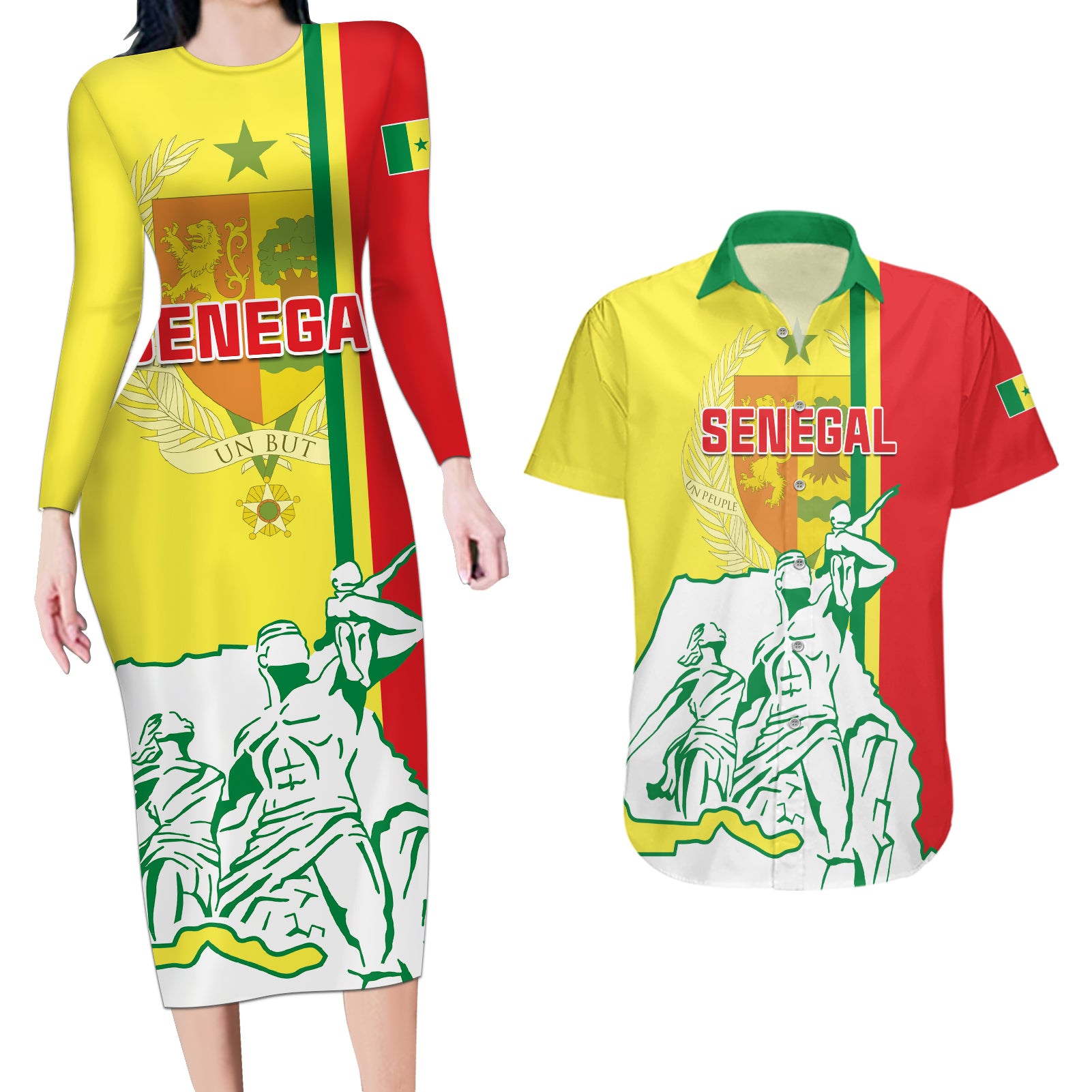 Senegal Independence Day Couples Matching Long Sleeve Bodycon Dress and Hawaiian Shirt Un Peuple Un But Une Foi 64th Anniversary - Wonder Print Shop