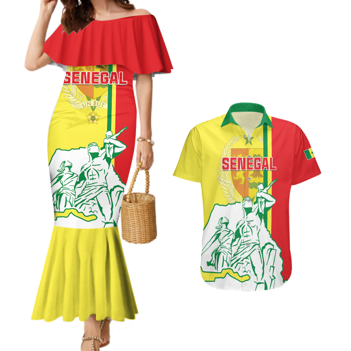 Senegal Independence Day Couples Matching Mermaid Dress and Hawaiian Shirt Un Peuple Un But Une Foi 64th Anniversary - Wonder Print Shop