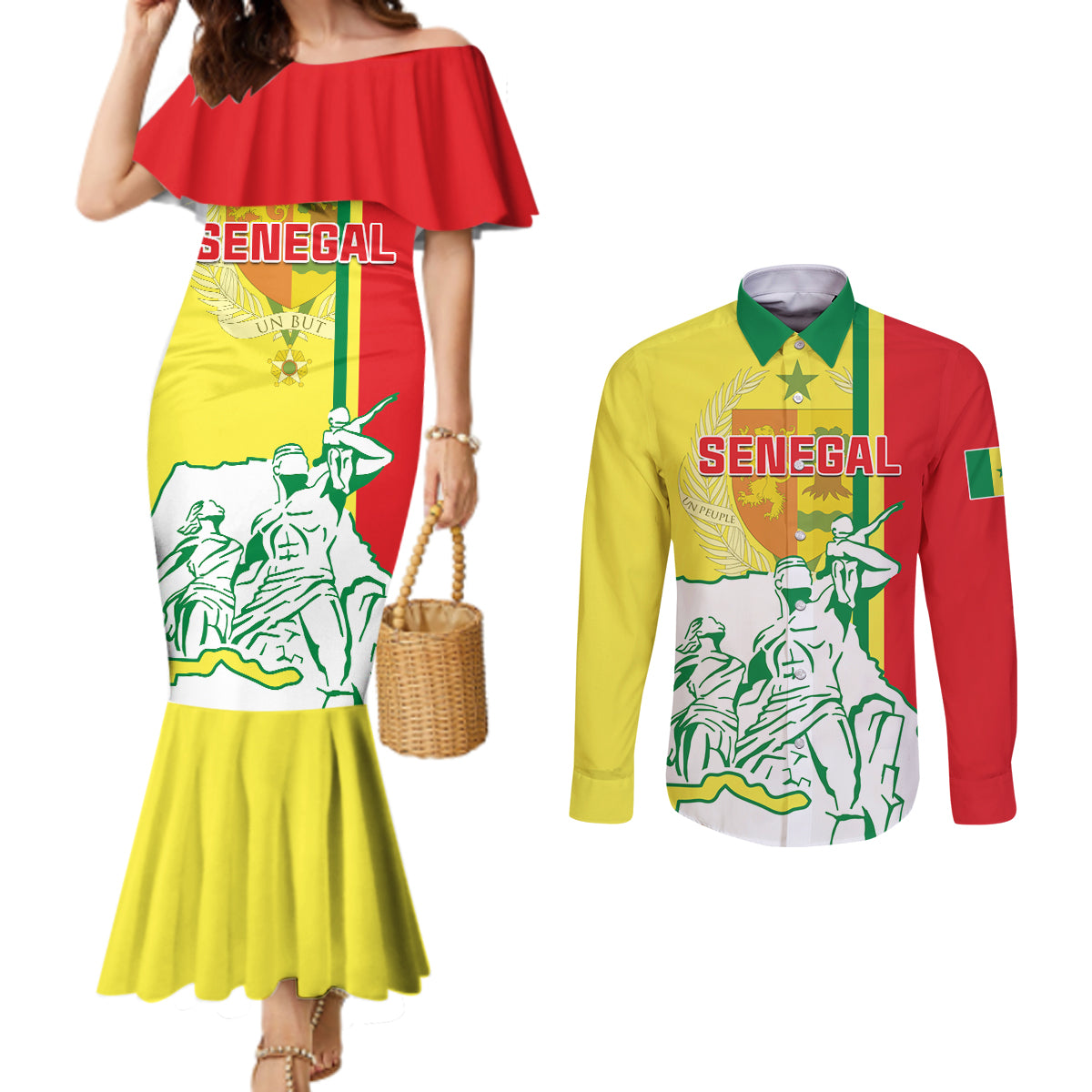 Senegal Independence Day Couples Matching Mermaid Dress and Long Sleeve Button Shirt Un Peuple Un But Une Foi 64th Anniversary