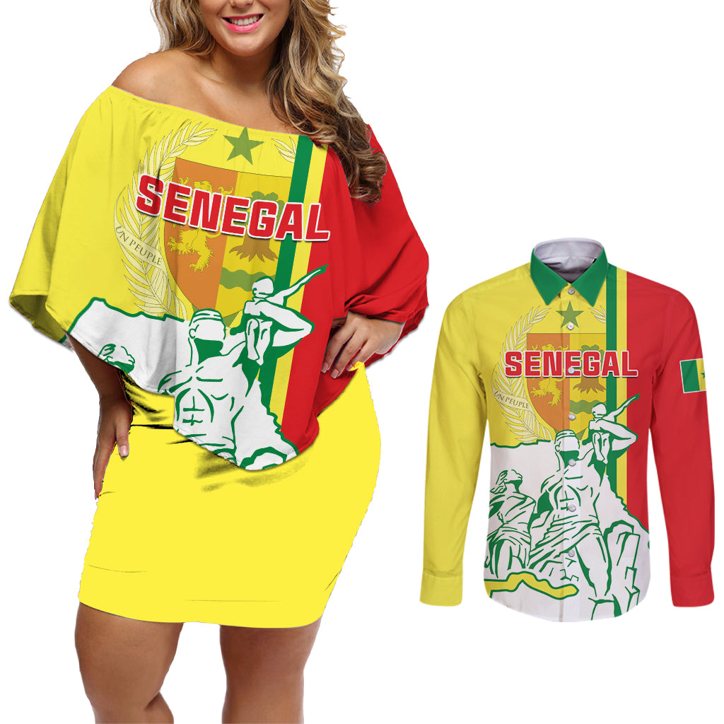 Senegal Independence Day Couples Matching Off Shoulder Short Dress and Long Sleeve Button Shirt Un Peuple Un But Une Foi 64th Anniversary - Wonder Print Shop