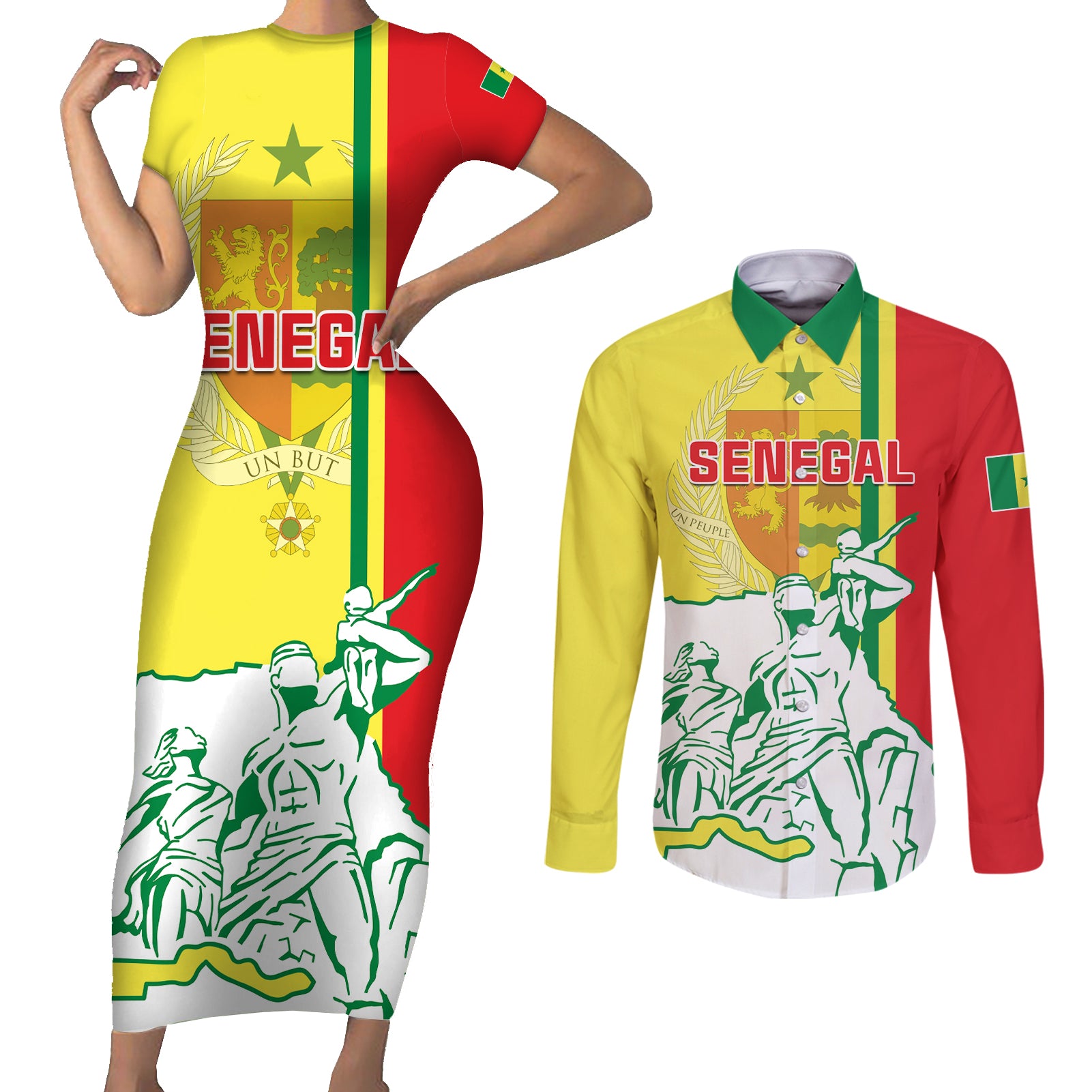 Senegal Independence Day Couples Matching Short Sleeve Bodycon Dress and Long Sleeve Button Shirt Un Peuple Un But Une Foi 64th Anniversary - Wonder Print Shop