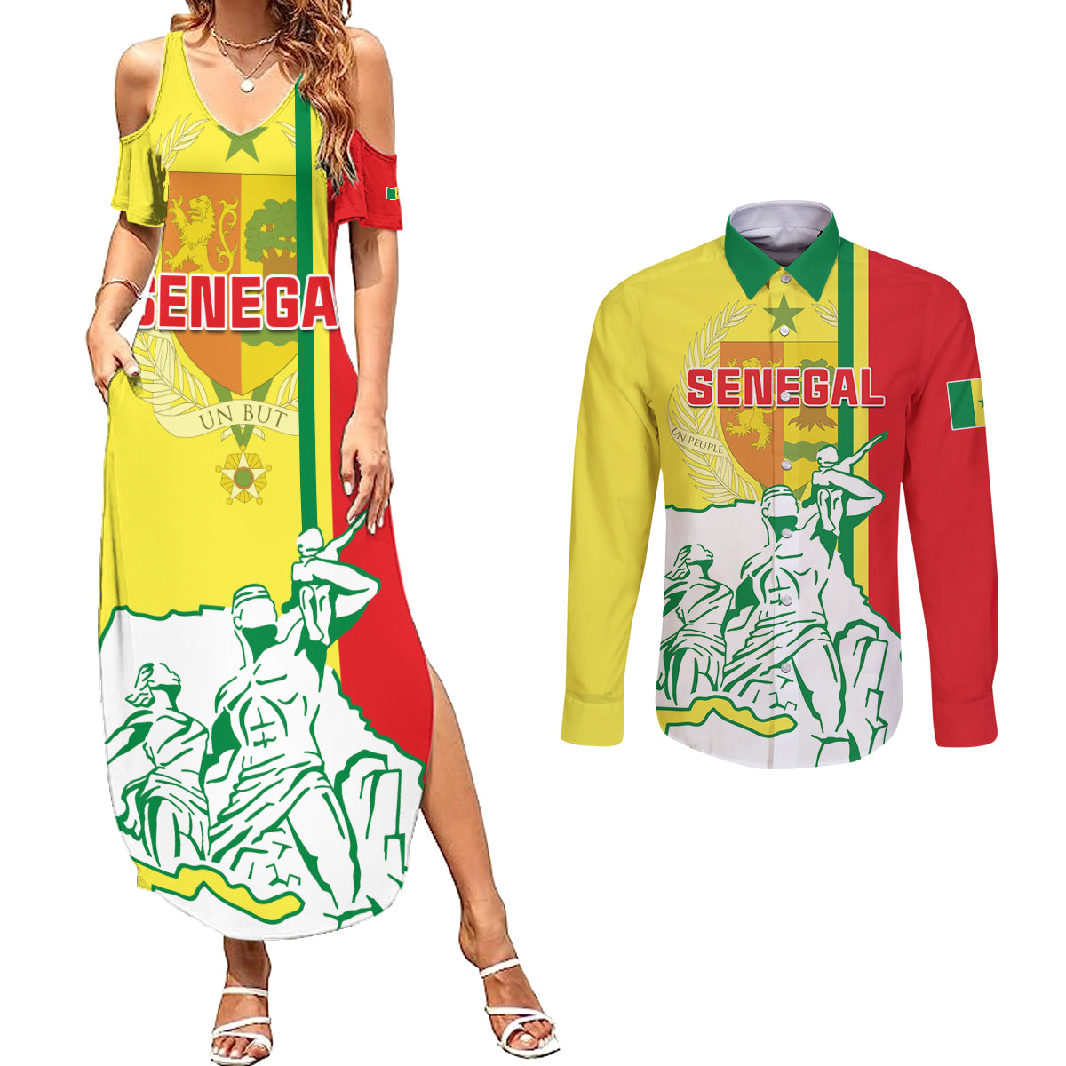 Senegal Independence Day Couples Matching Summer Maxi Dress and Long Sleeve Button Shirt Un Peuple Un But Une Foi 64th Anniversary - Wonder Print Shop