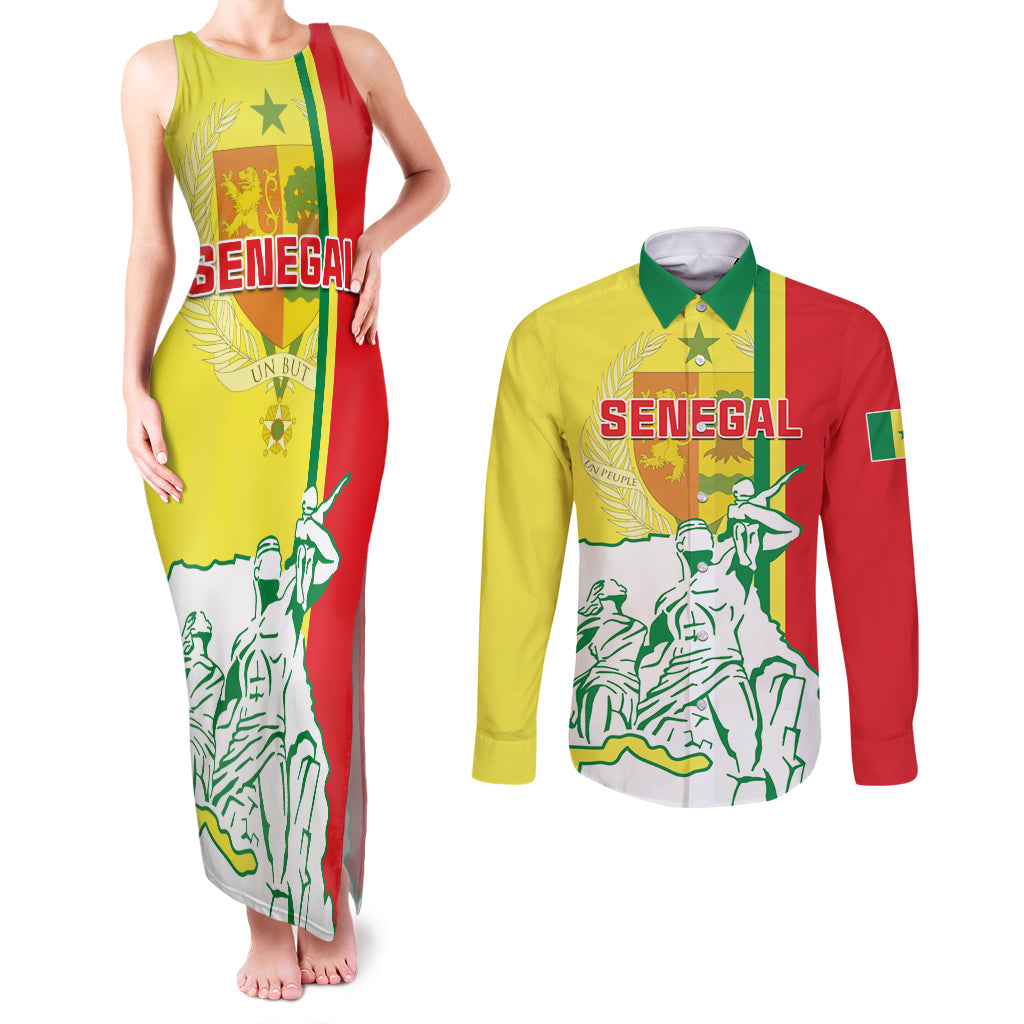 Senegal Independence Day Couples Matching Tank Maxi Dress and Long Sleeve Button Shirt Un Peuple Un But Une Foi 64th Anniversary - Wonder Print Shop