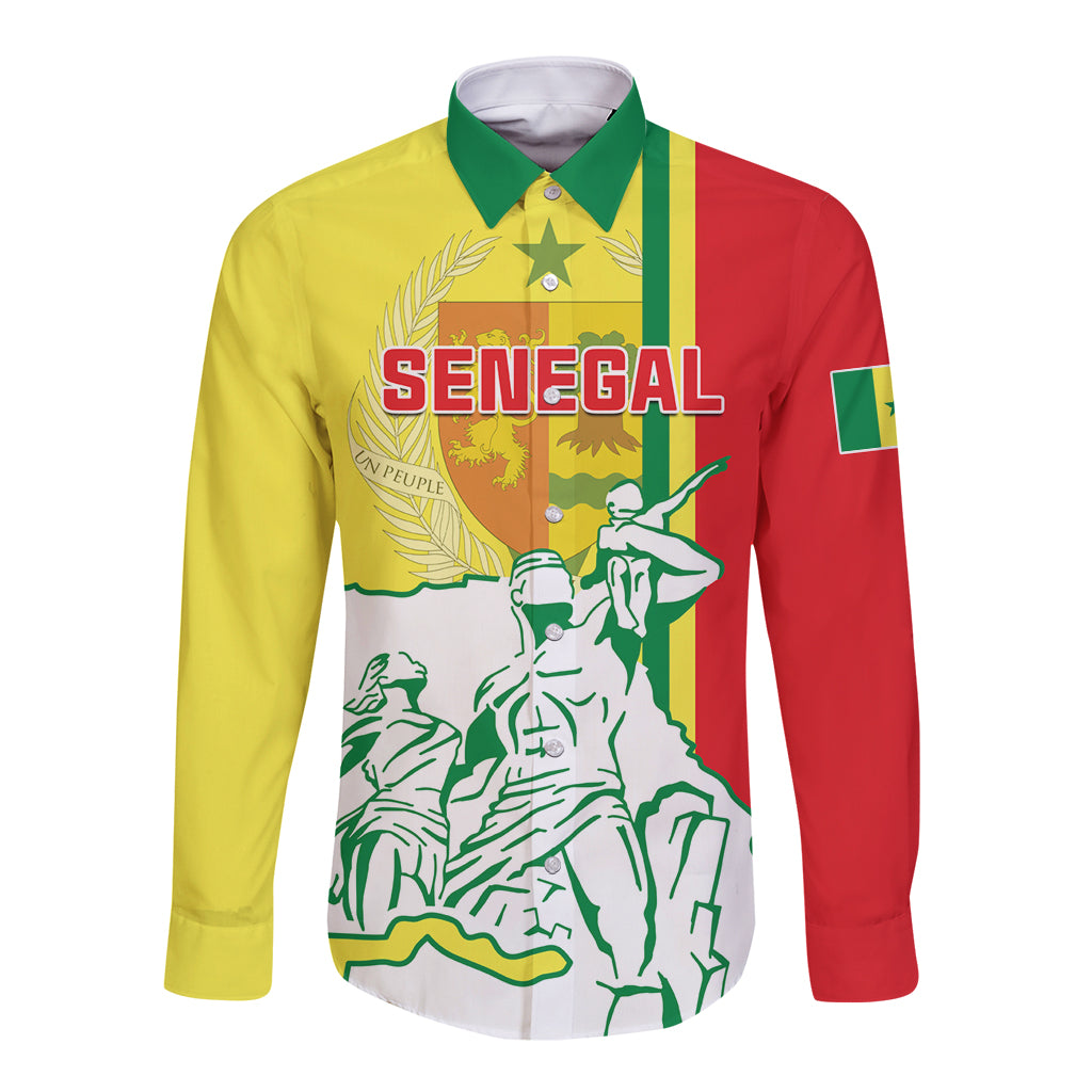 Yellow long sleeve button shirt with green collar and Senegal graphic front print