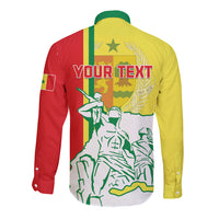 Two-tone red and yellow long sleeve button shirt with 'Your Text' back print