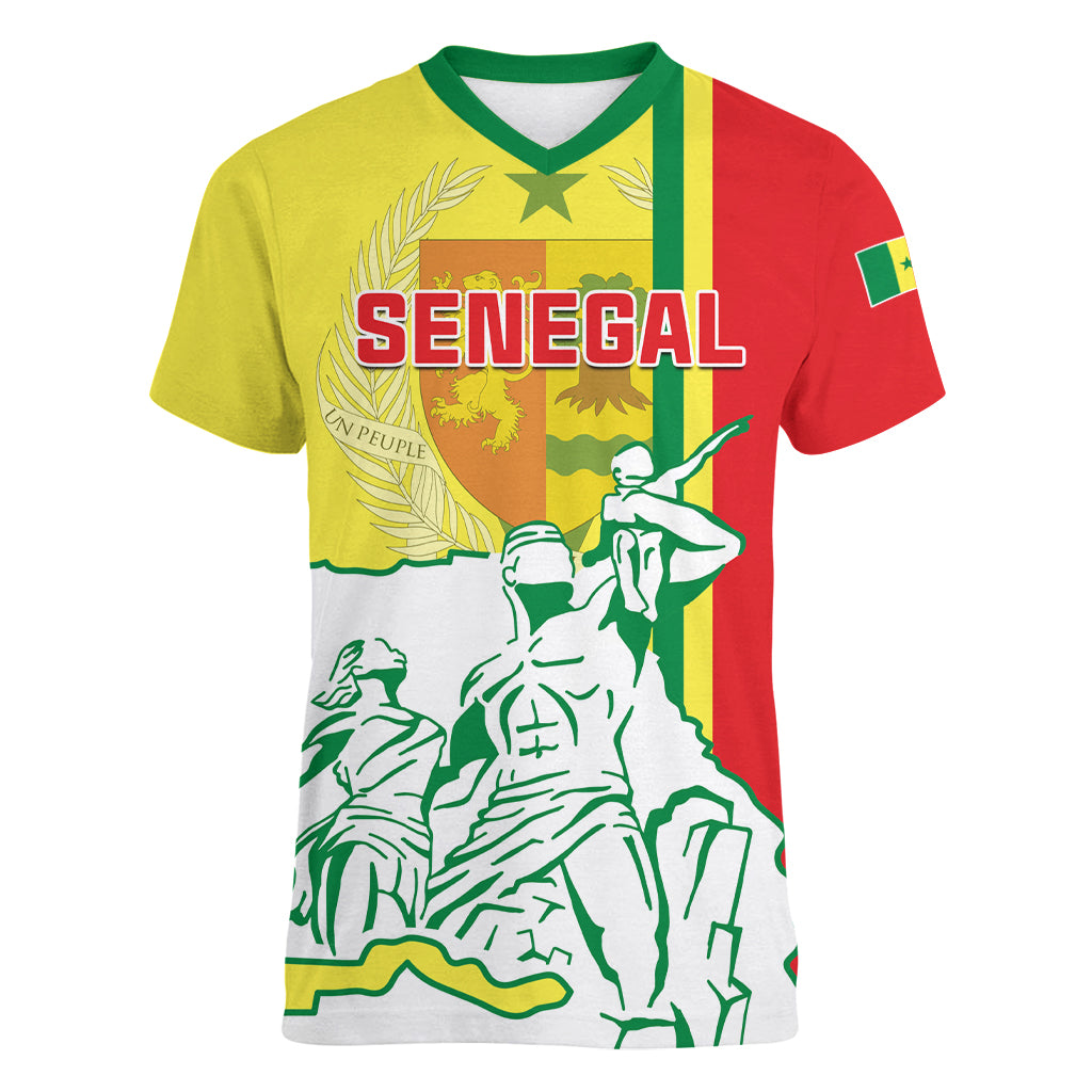 Senegal Independence Day Women V Neck T Shirt Un Peuple Un But Une Foi 64th Anniversary - Wonder Print Shop