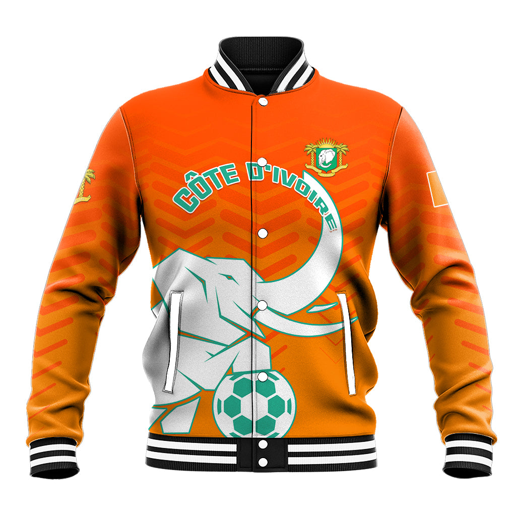Orange football baseball jacket with striped collar, snap buttons, front elephant graphic