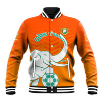 Orange football baseball jacket with striped collar, snap buttons, front elephant graphic
