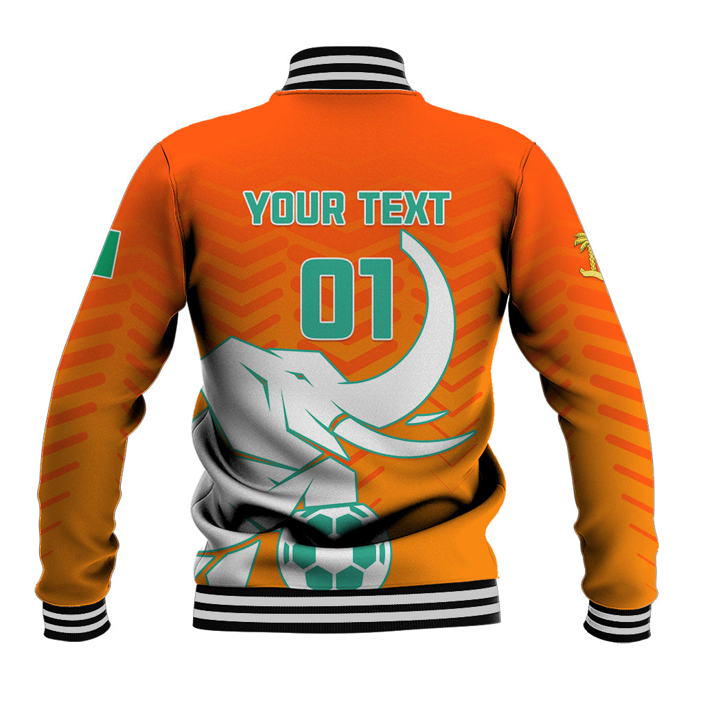 Orange football baseball jacket with striped ribbed collar, back 'YOUR TEXT' and 01 design