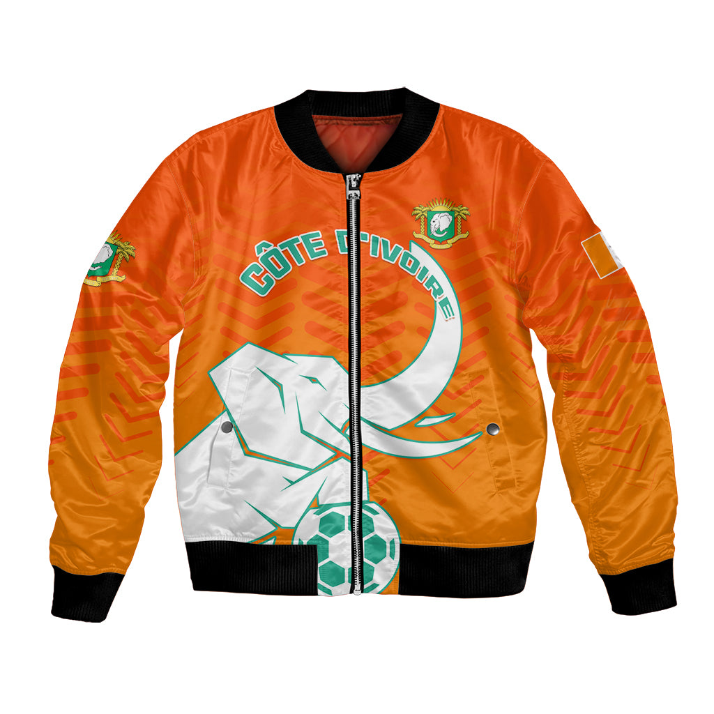 Orange football bomber jacket with black ribbing, front zipper, Ivorian graphic and crest