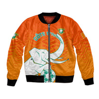 Orange football bomber jacket with black ribbing, front zipper, Ivorian graphic and crest