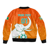 Orange football bomber jacket, black ribbed hem and collar, back 'YOUR TEXT 01' soccer print