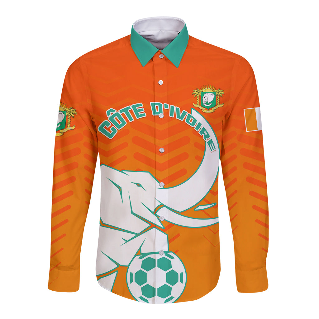 Orange long-sleeve button football shirt, teal collar, front elephant and soccer graphic