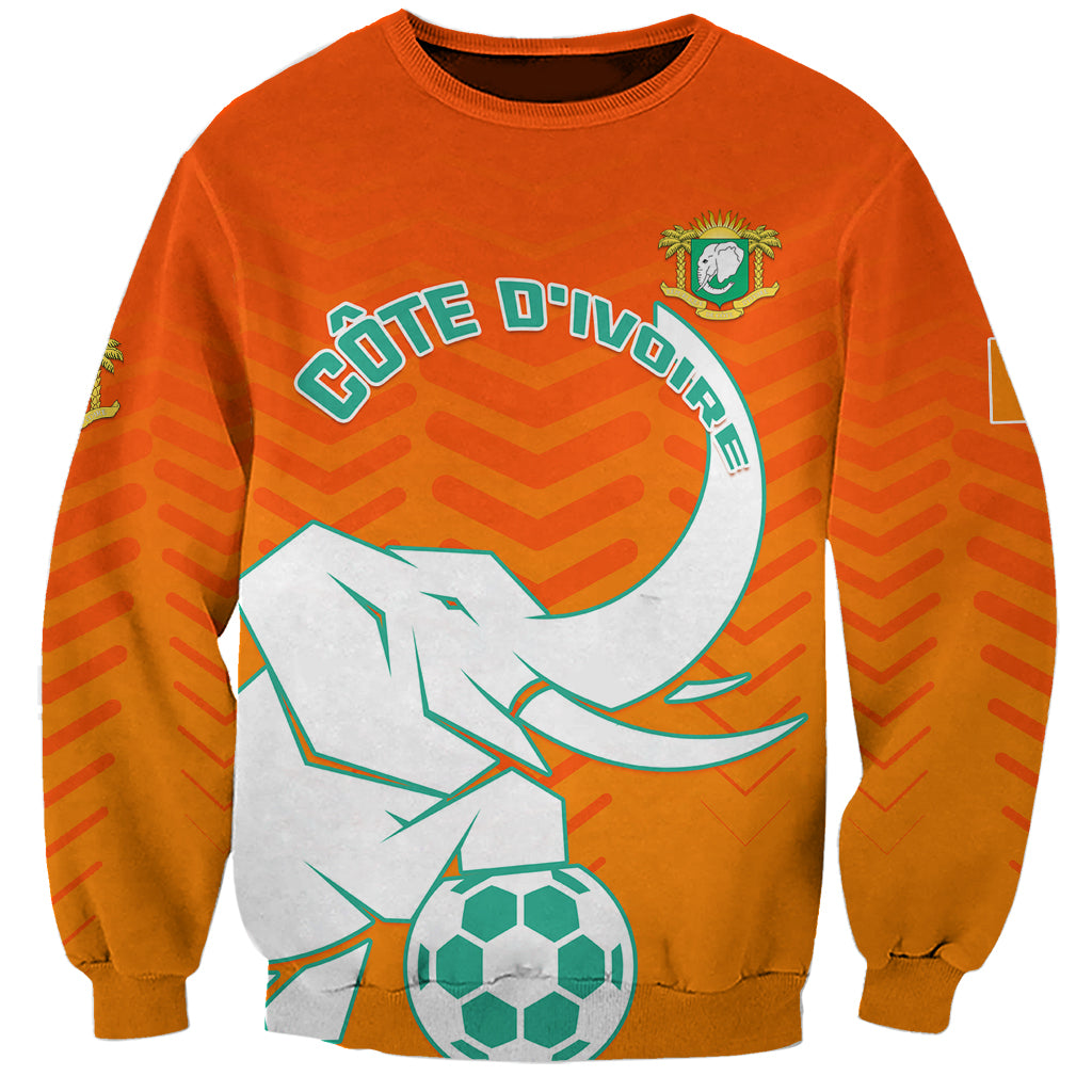 Orange football sweatshirt with large elephant and soccer ball graphic, crew neck