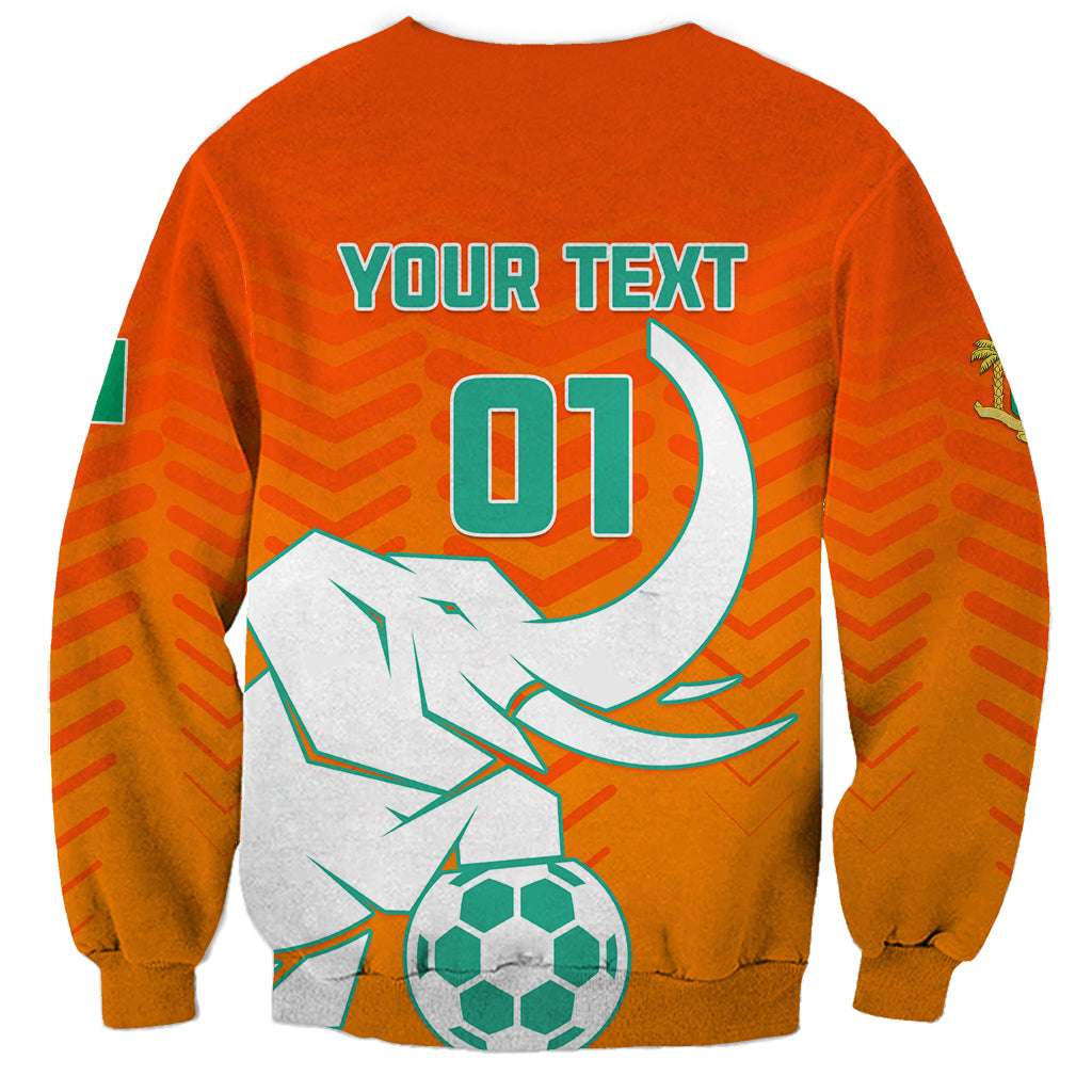 Orange football sweatshirt back with YOUR TEXT and 01, elephant and soccer ball graphic