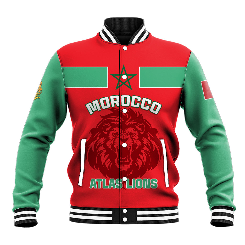 Red/green Morocco baseball jacket with striped collar; front lion and Atlas Lions graphic
