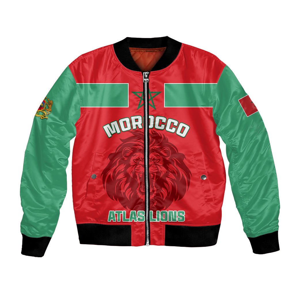 Red and green varsity bomber jacket with black rib trim, front zipper, lion graphic
