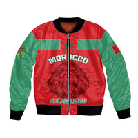 Red and green varsity bomber jacket with black rib trim, front zipper, lion graphic