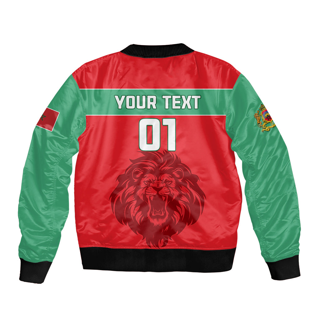 Red and green bomber jacket with black rib trim, back lion graphic, 01 and Your Text