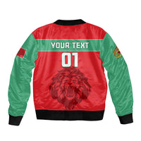 Red and green bomber jacket with black rib trim, back lion graphic, 01 and Your Text