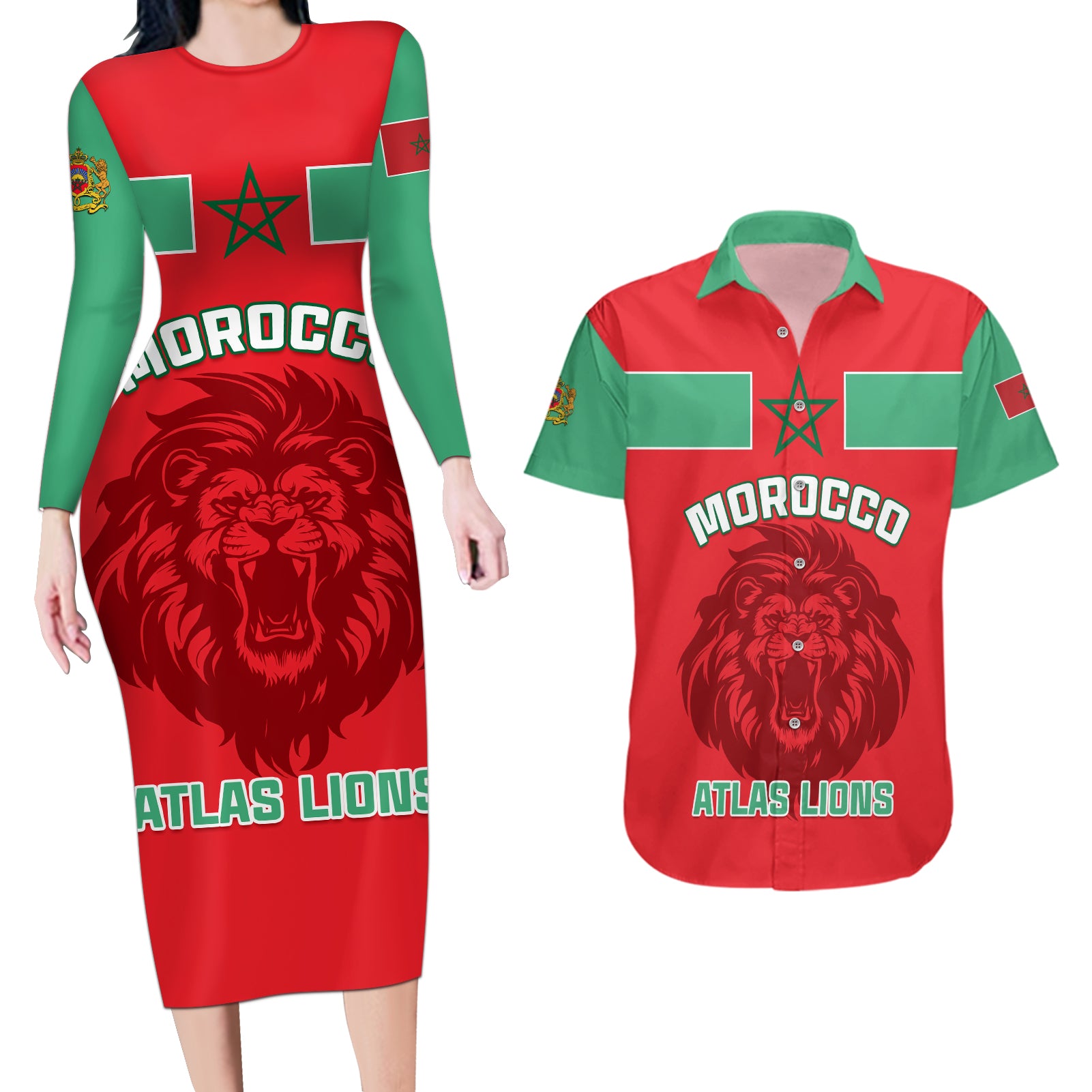 Morocco Football Couples Matching Long Sleeve Bodycon Dress and Hawaiian Shirt Go The Atlas Lions