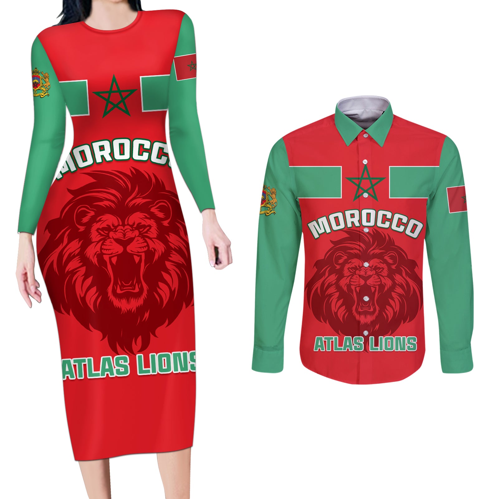 Morocco Football Couples Matching Long Sleeve Bodycon Dress and Long Sleeve Button Shirt Go The Atlas Lions