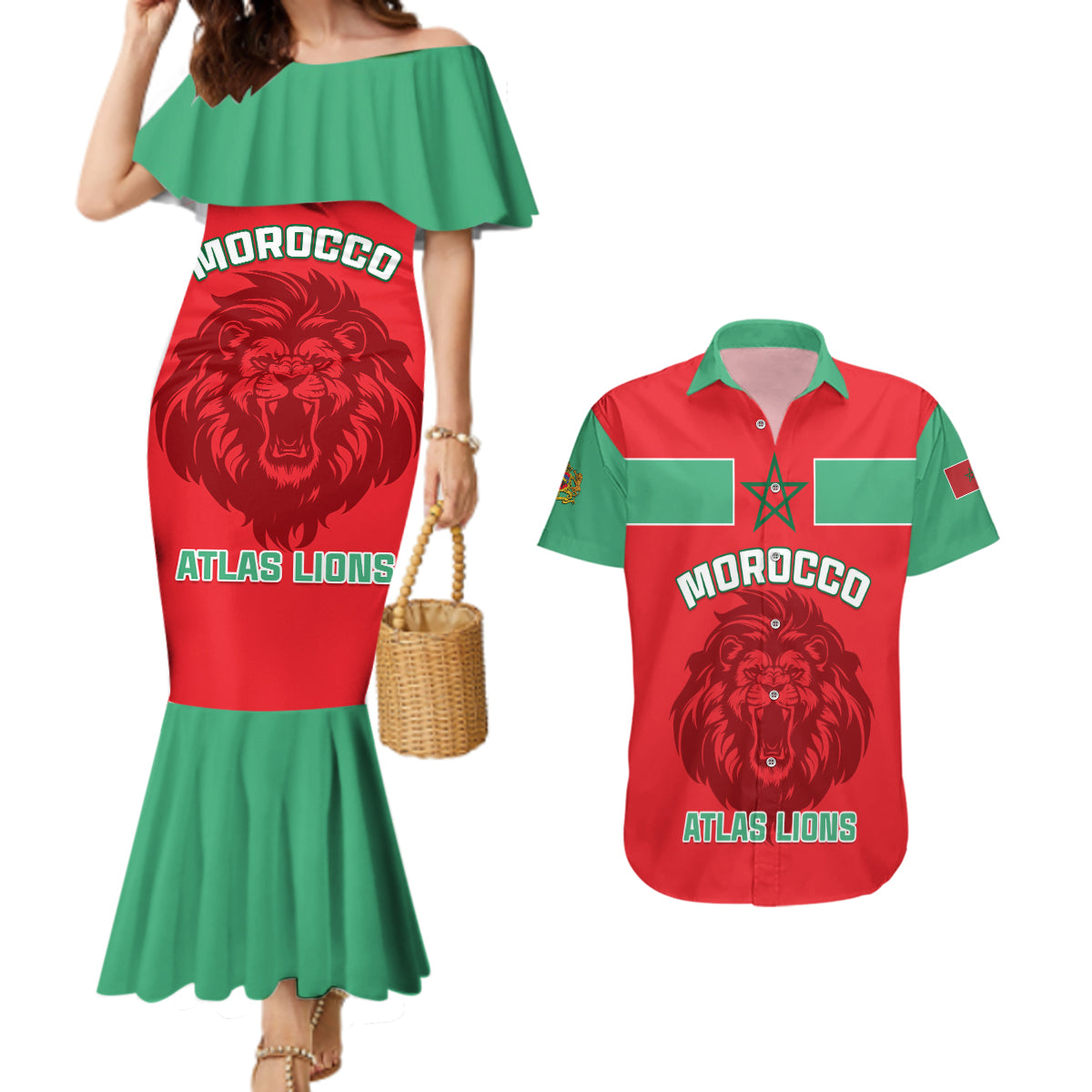 Morocco Football Couples Matching Mermaid Dress and Hawaiian Shirt Go The Atlas Lions