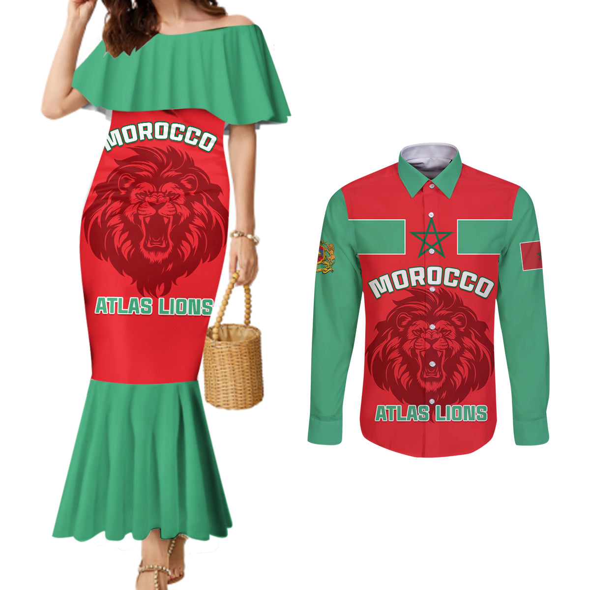 Morocco Football Couples Matching Mermaid Dress and Long Sleeve Button Shirt Go The Atlas Lions