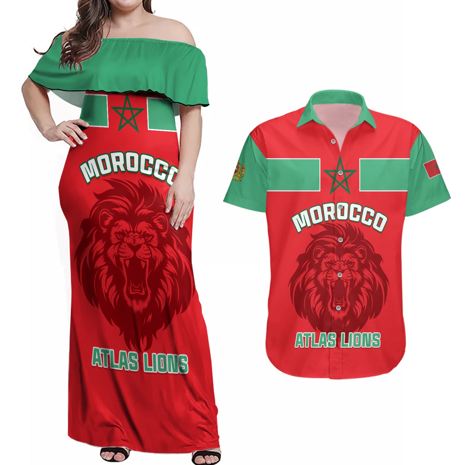 Morocco Football Couples Matching Off Shoulder Maxi Dress and Hawaiian Shirt Go The Atlas Lions