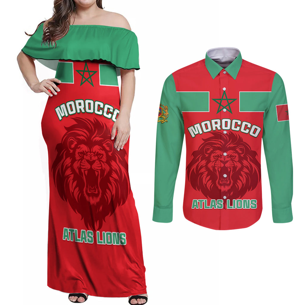 Morocco Football Couples Matching Off Shoulder Maxi Dress and Long Sleeve Button Shirt Go The Atlas Lions