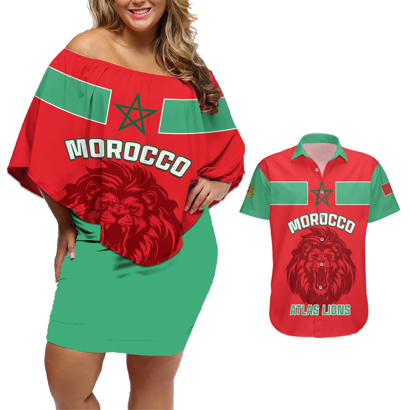 Morocco Football Couples Matching Off Shoulder Short Dress and Hawaiian Shirt Go The Atlas Lions