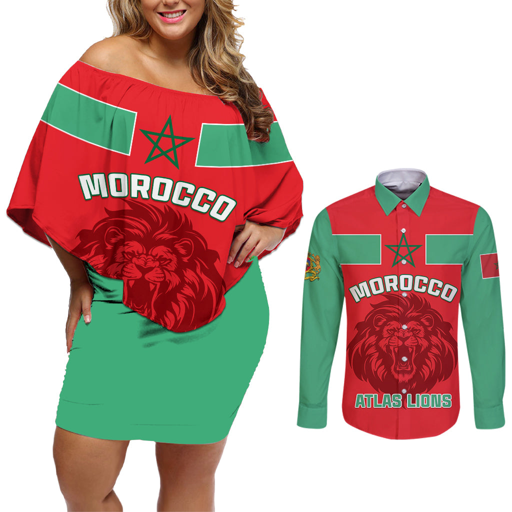 Morocco Football Couples Matching Off Shoulder Short Dress and Long Sleeve Button Shirt Go The Atlas Lions