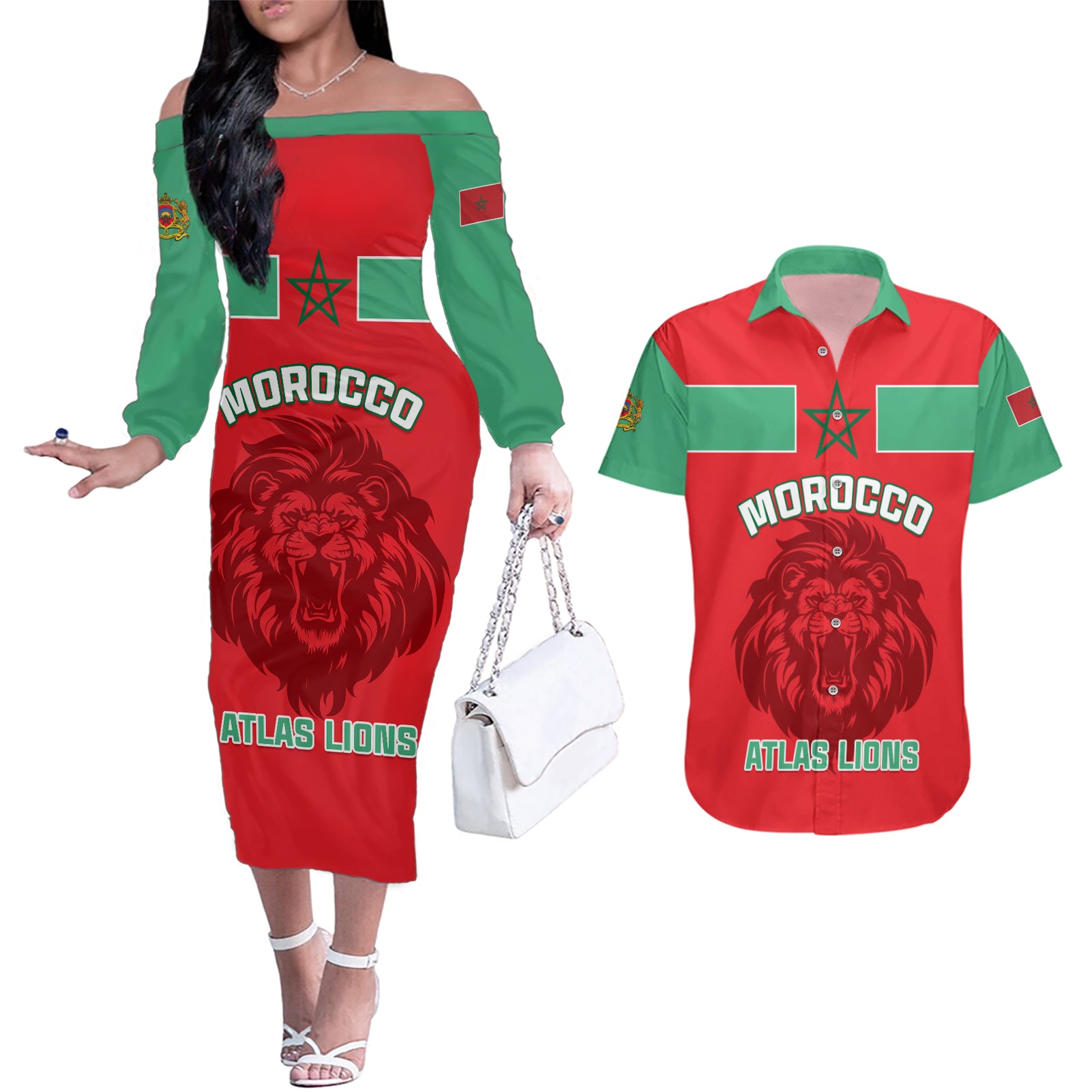 Morocco Football Couples Matching Off The Shoulder Long Sleeve Dress and Hawaiian Shirt Go The Atlas Lions