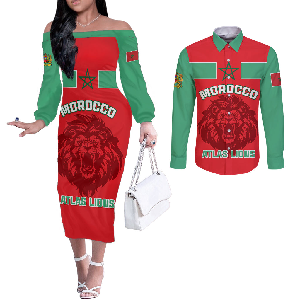 Morocco Football Couples Matching Off The Shoulder Long Sleeve Dress and Long Sleeve Button Shirt Go The Atlas Lions